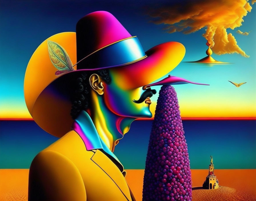 Surrealist painting: Figure in colorful attire with melting clocks in desert landscape