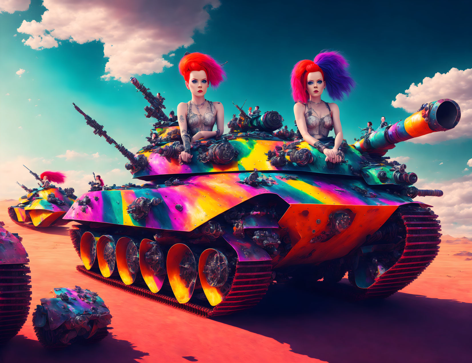 Vibrant hair women on rainbow tank in surreal desert landscape