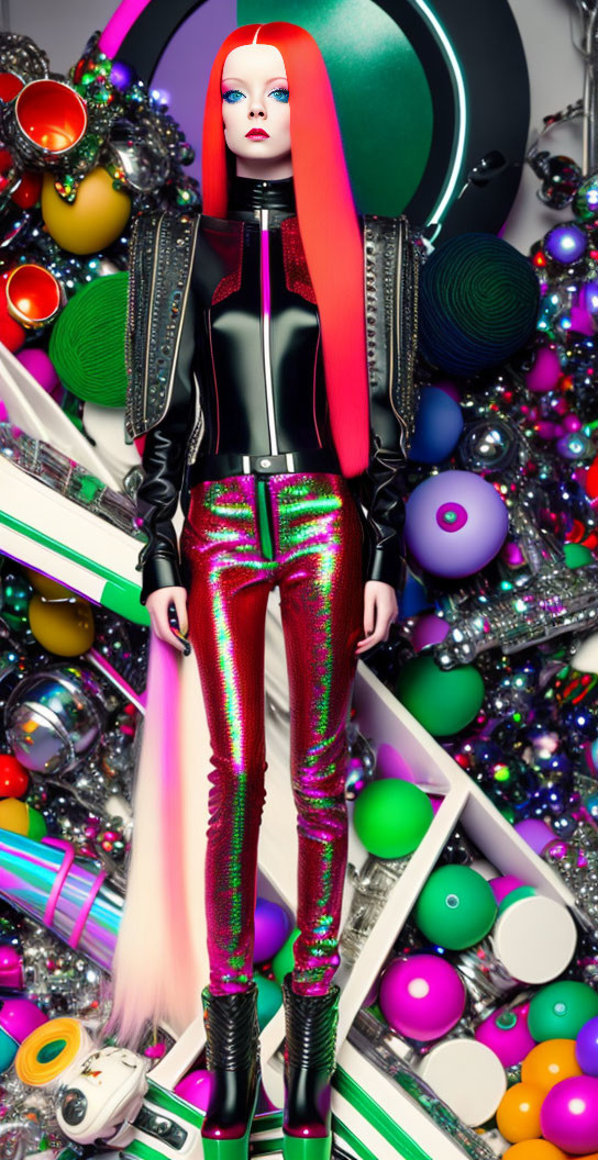 Futuristic fashion model with red hair in metallic green pants and black jacket posing with colorful spheres