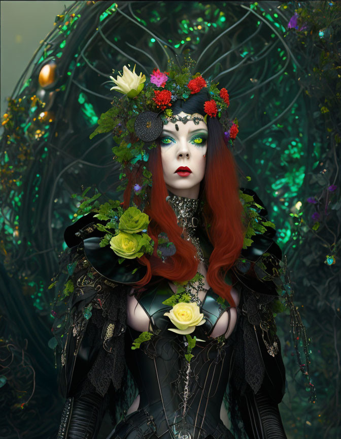 Red-haired woman in gothic attire with floral headpiece on green backdrop