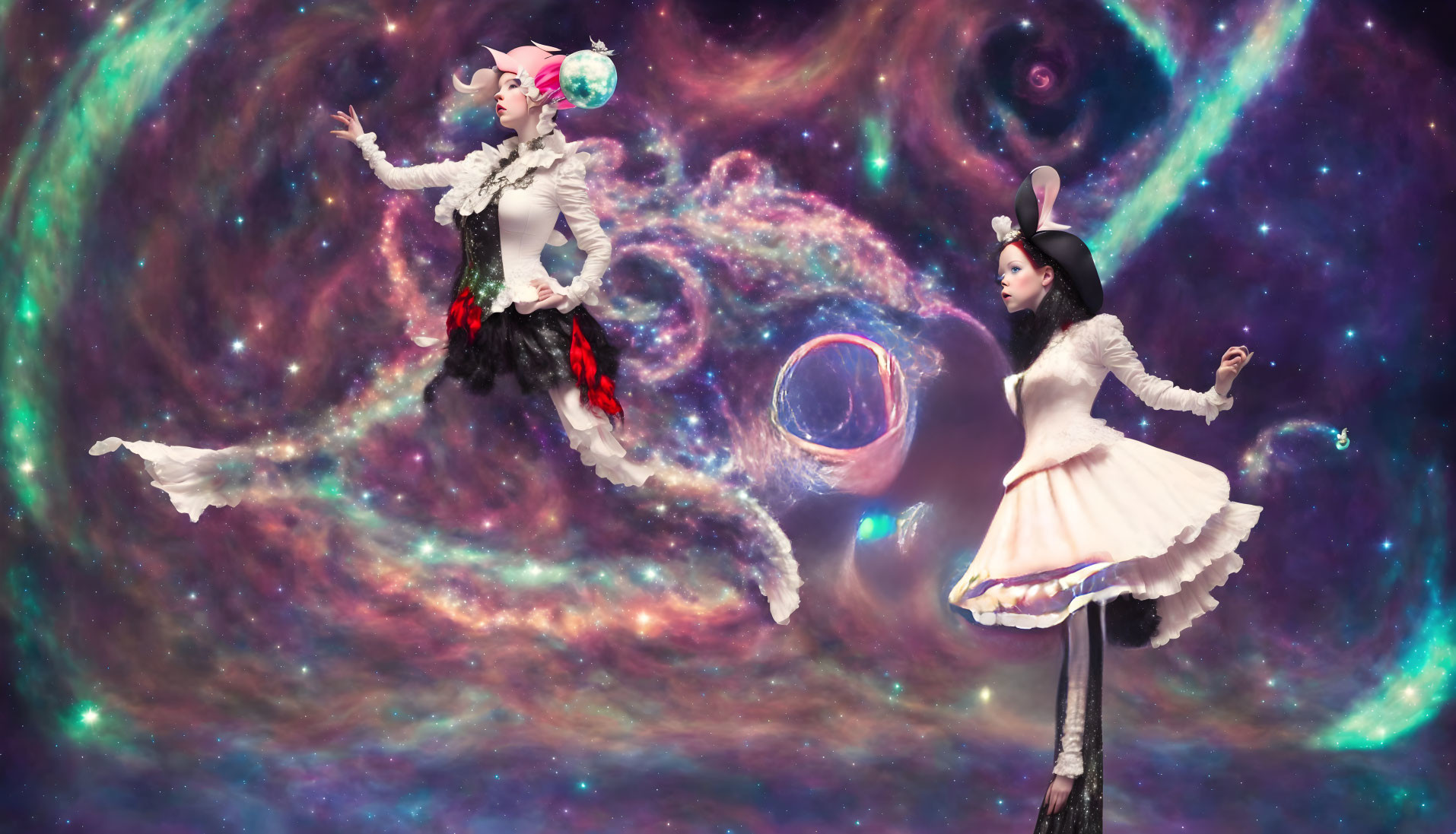 Whimsical rabbit characters in cosmic setting with vibrant galaxies