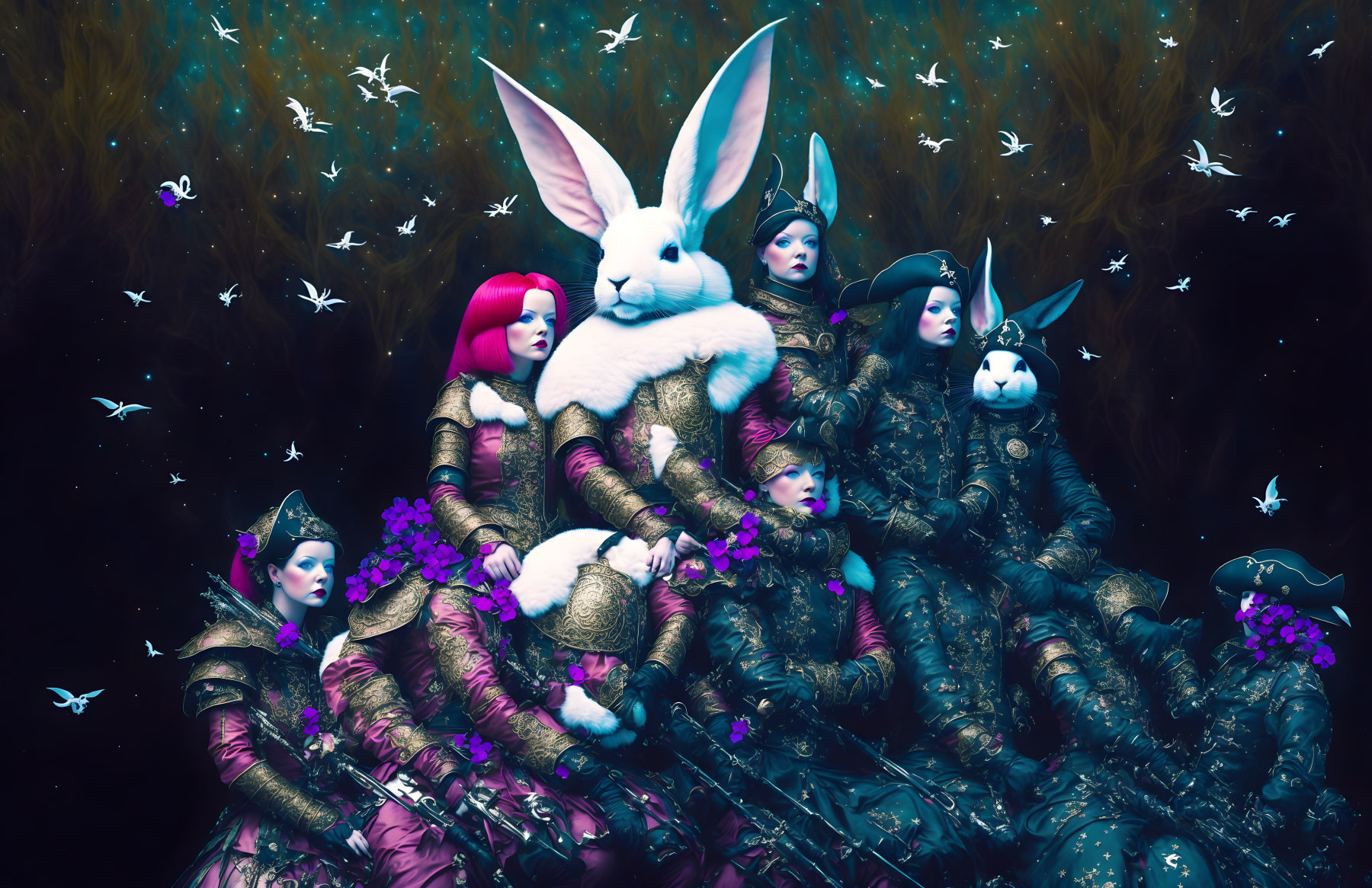 Surreal artwork: Rabbits with human bodies in costumes amid butterflies