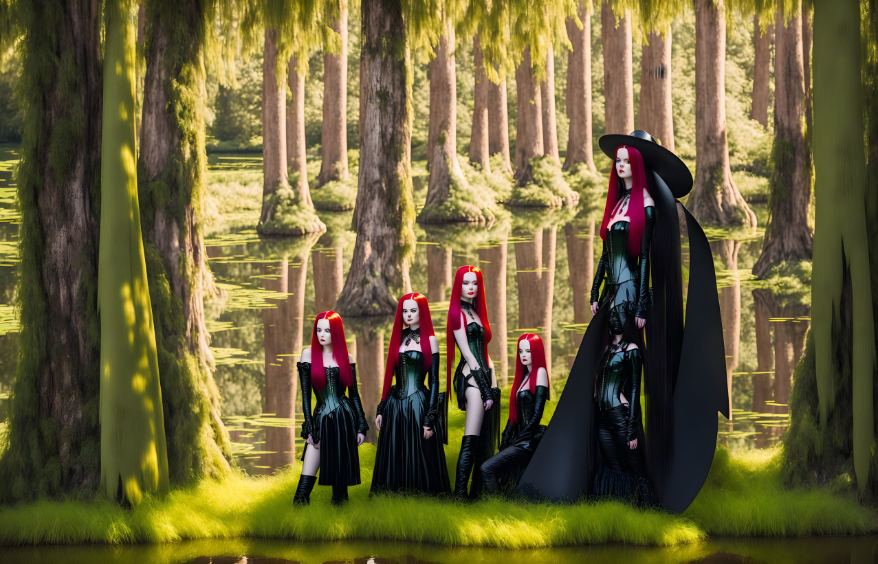 Five individuals with red hair in black clothing in serene forest near reflective water
