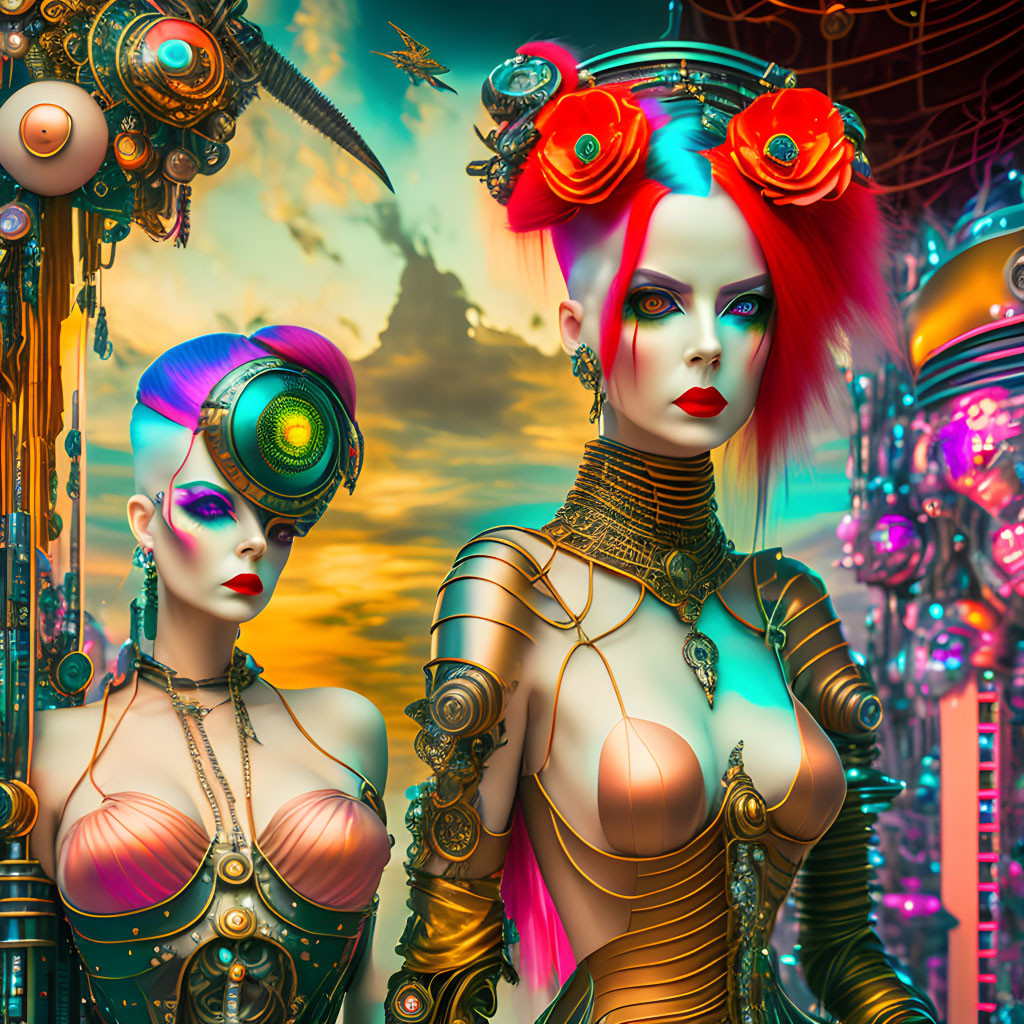 Futuristic female figures in vibrant steampunk attire against sci-fi cityscape