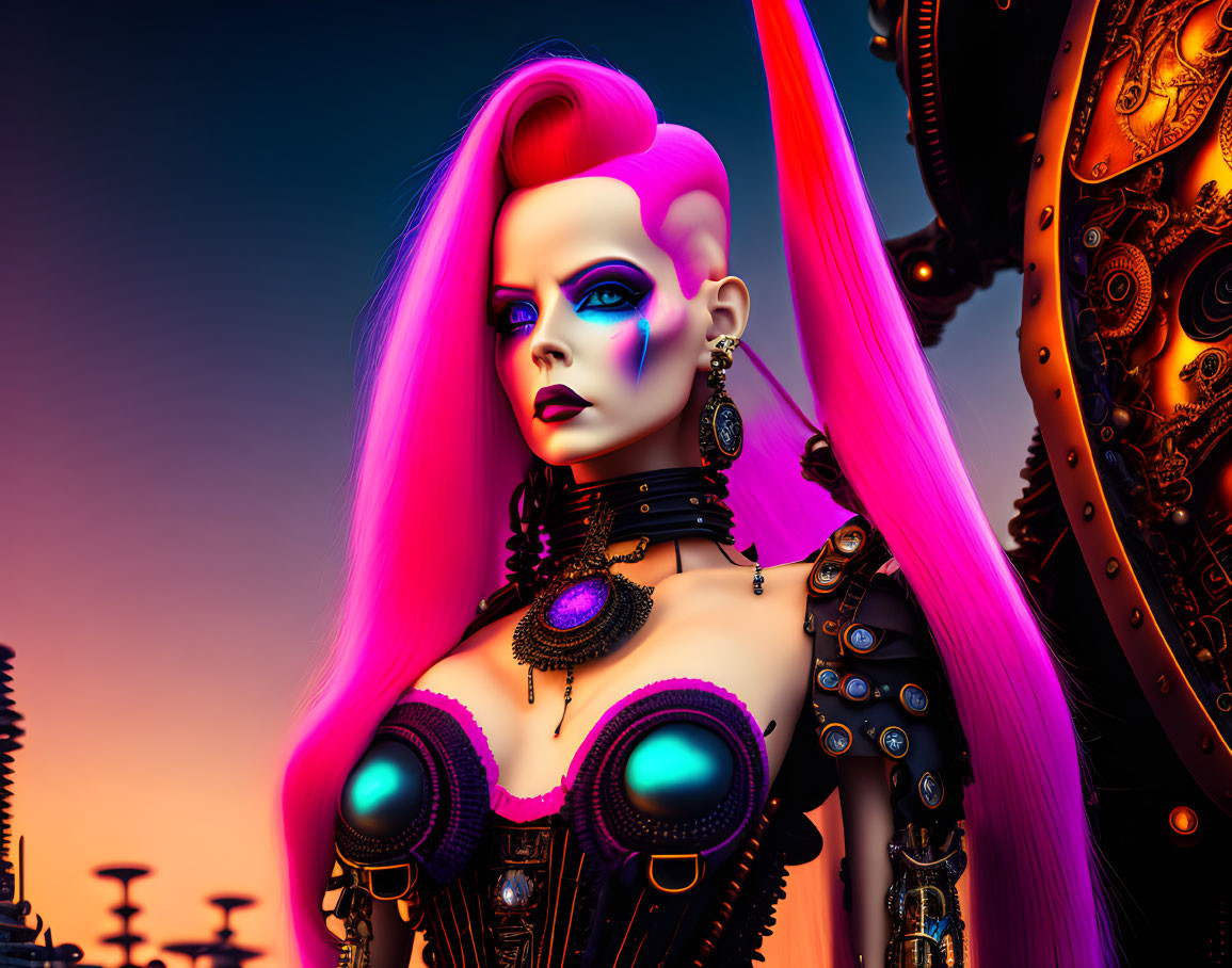 Vibrant Pink Hair Female Figure in Cyberpunk Attire