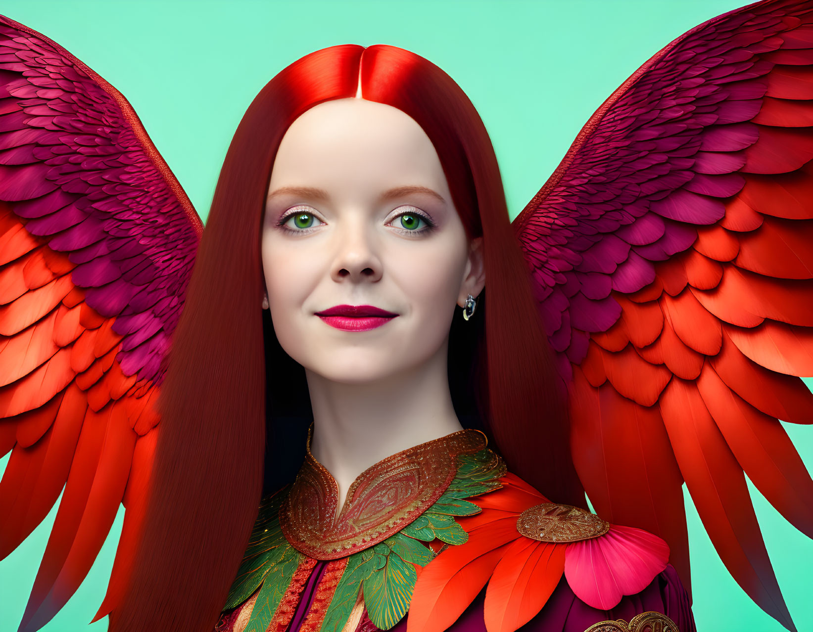 Vibrant red-haired woman with wings in colorful outfit on teal background