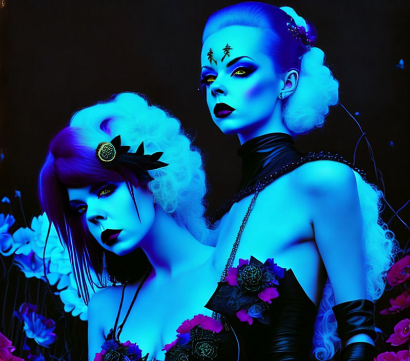 Avant-garde makeup and hairstyles in violet-blue with floral elements