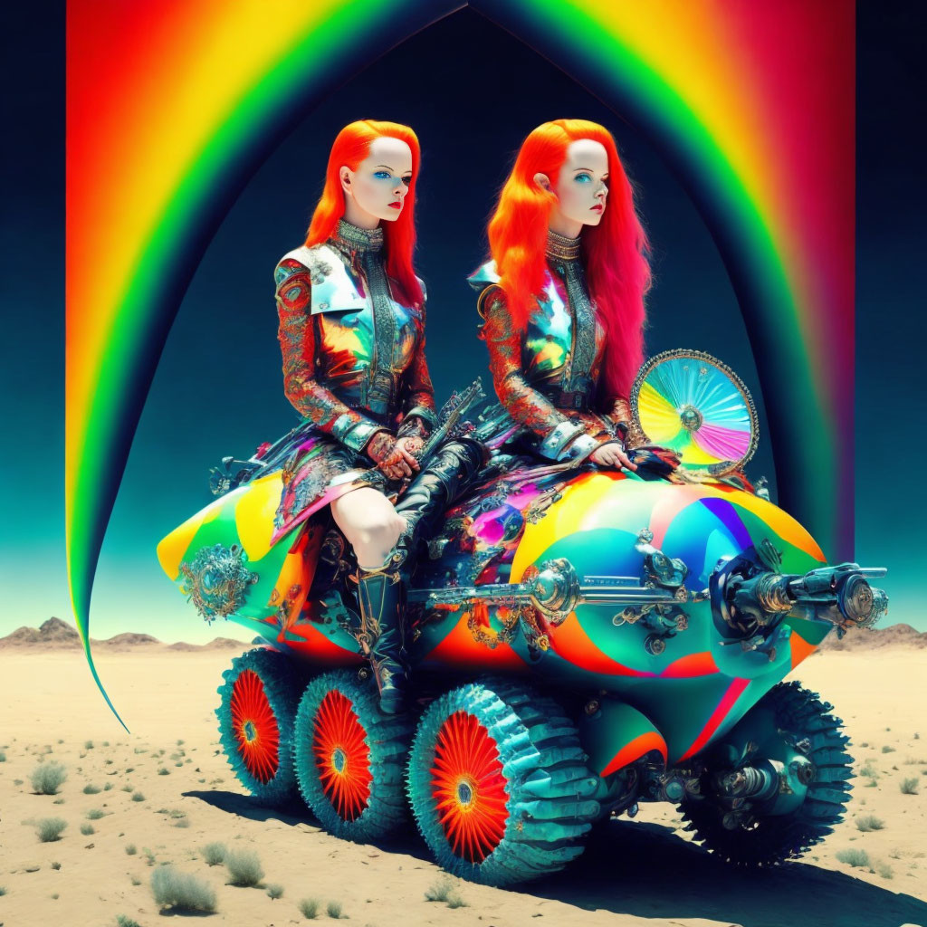 Two Women with Vibrant Red Hair on Colorful Futuristic Bike Under Rainbow Arch