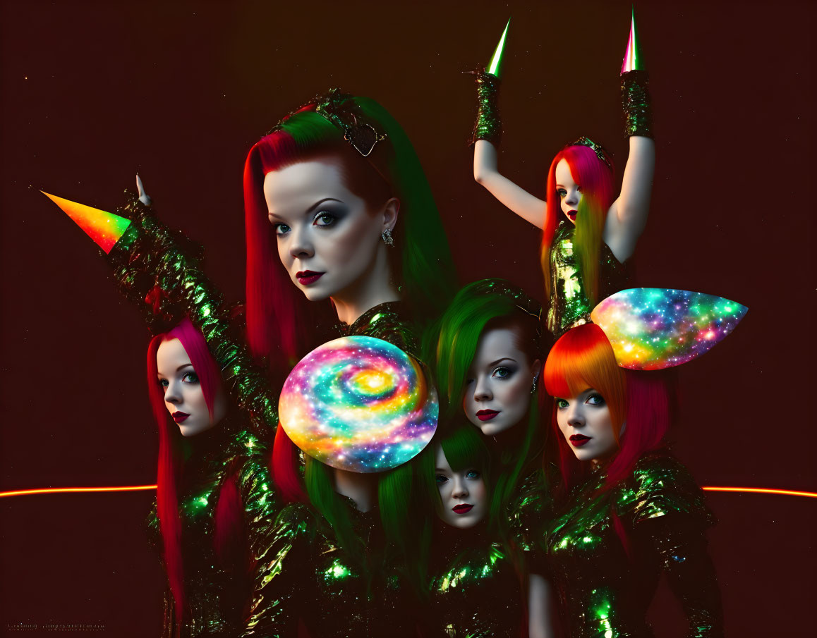 Surreal portrait of women with red hair in green costumes on cosmic backdrop