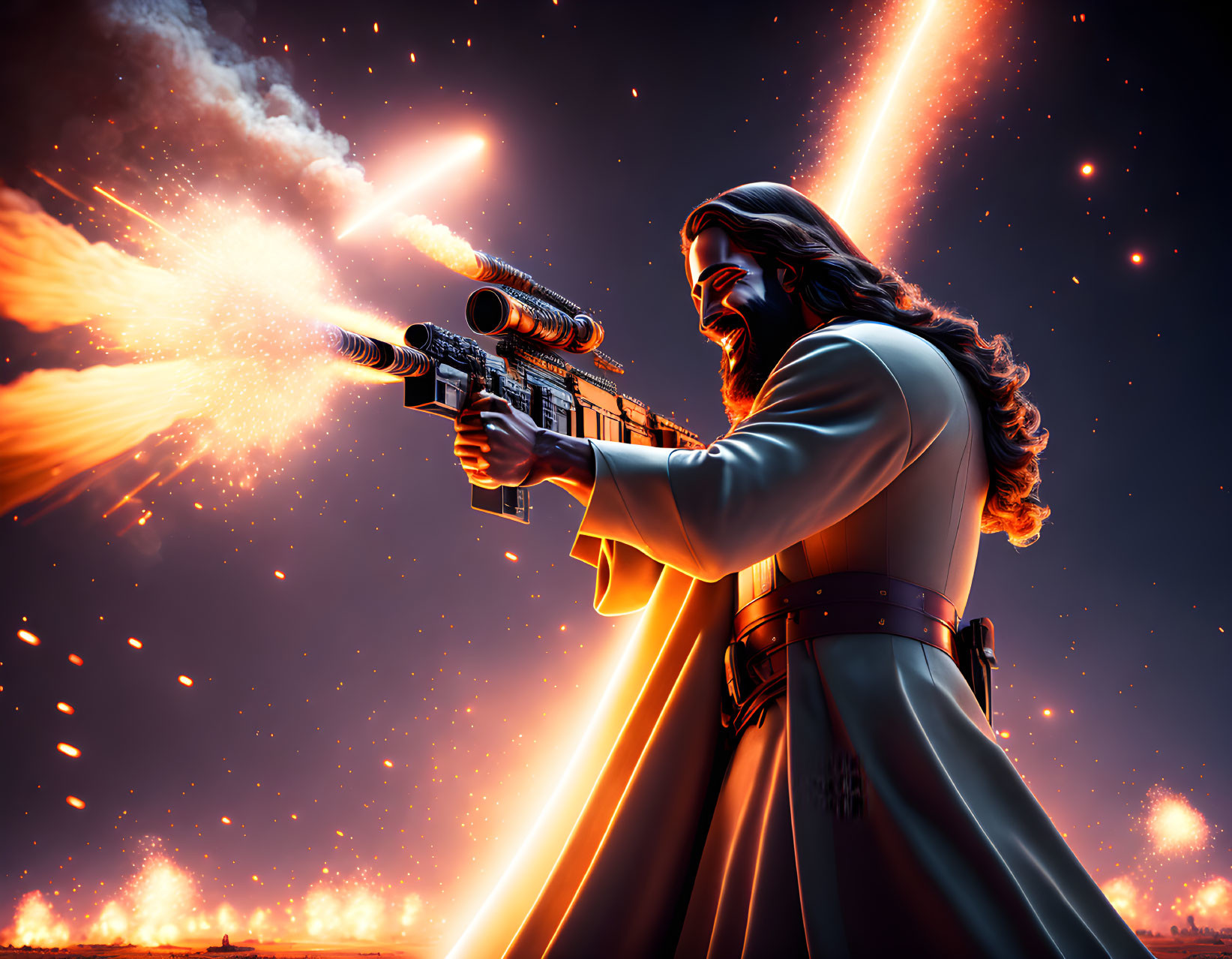 Sci-fi themed illustration of bearded character with blaster