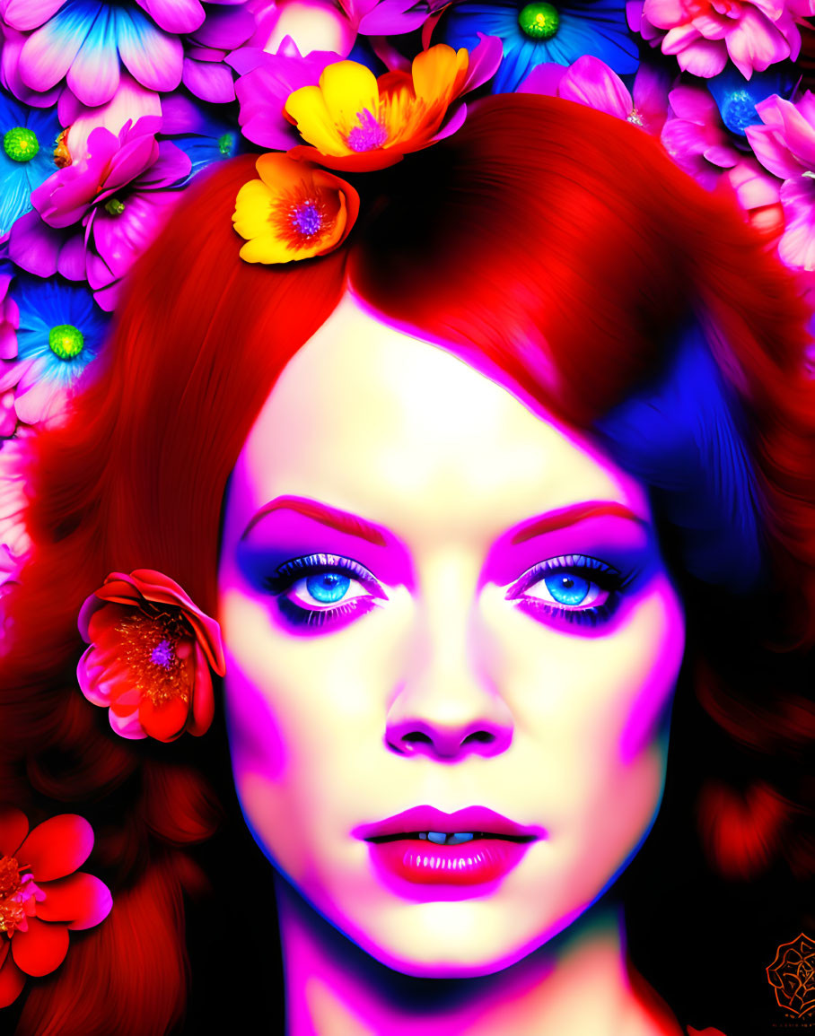 Colorful digital portrait of a person with red hair and blue eyes in neon-lit floral setting