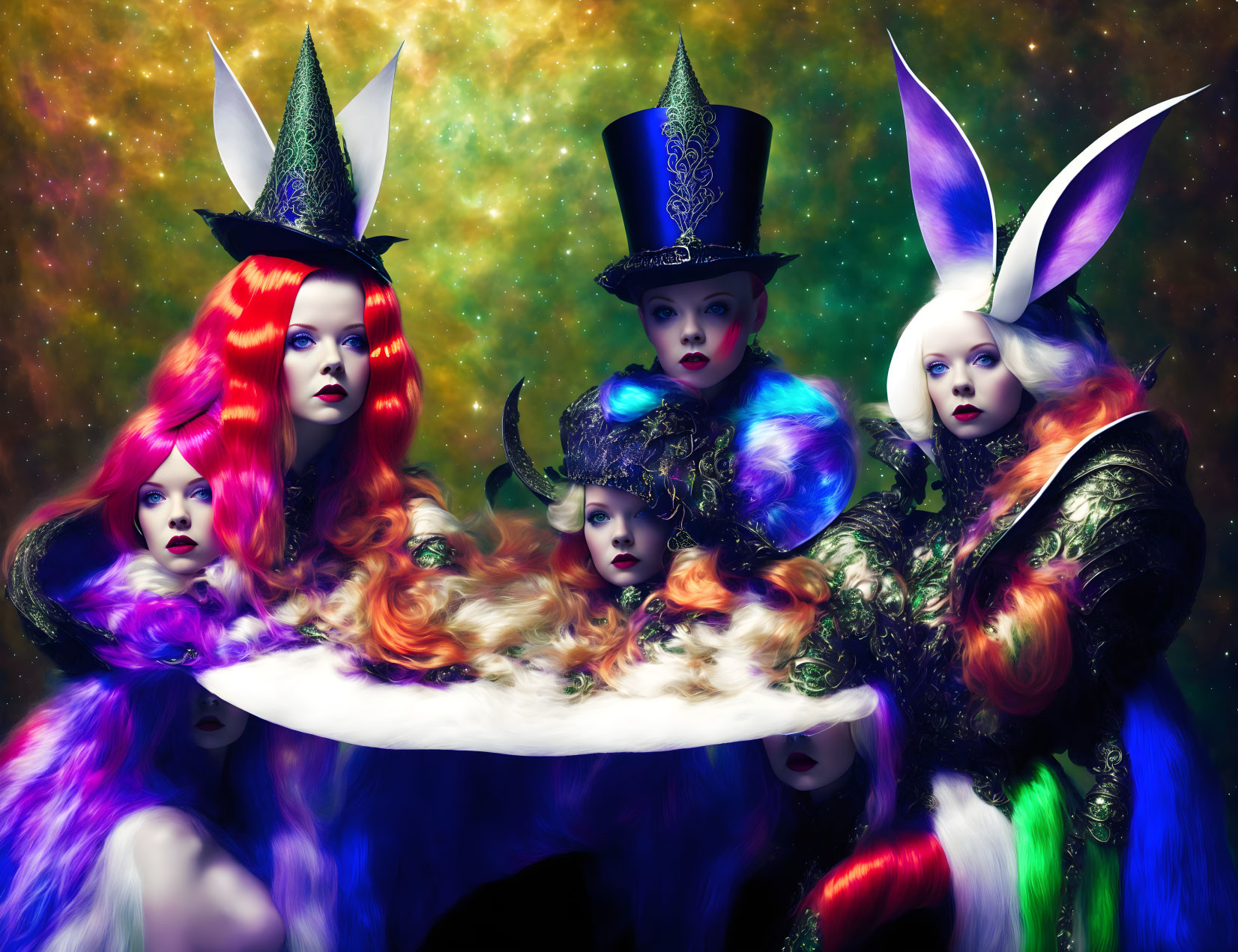 Five Women in Elaborate Costumes with Vivid Hair and Whimsical Hats against Cosmic Back