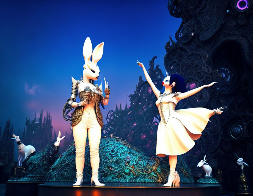 Vibrant theatrical scene with stylized characters in elaborate costumes on fantasy stage