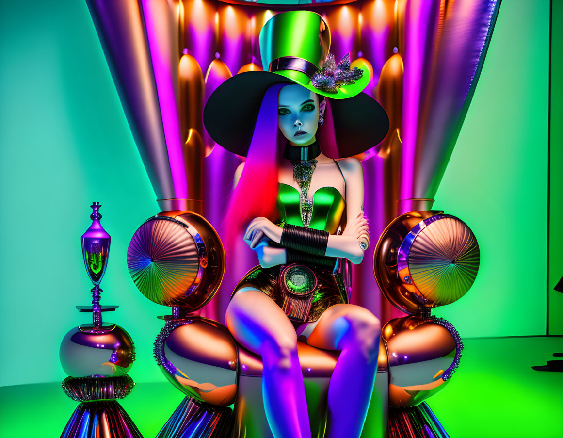 Vibrant circus-themed woman with top hat in colorful setting