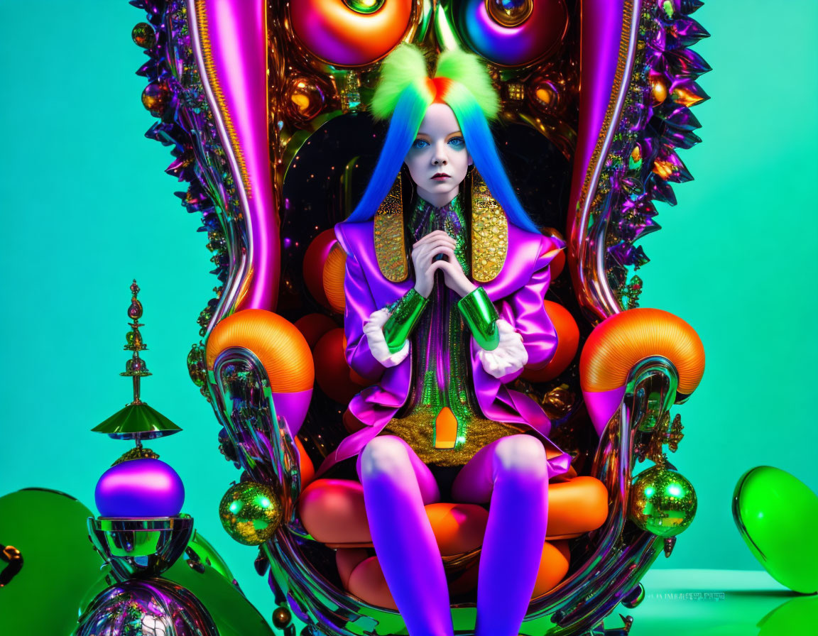 Colorful surreal portrait: person on ornate throne, teal background, whimsical shapes.
