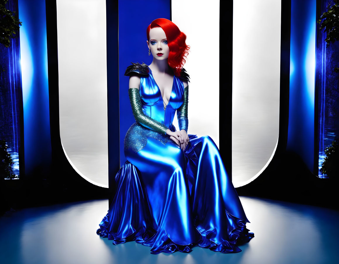 Bright red-haired woman in glossy blue dress against white lights and dark curtains