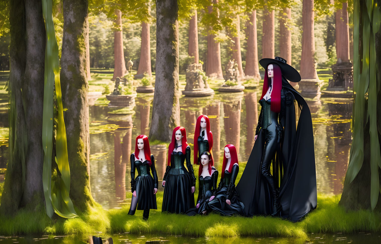 Stylized women in gothic attire with red hair by serene waterside