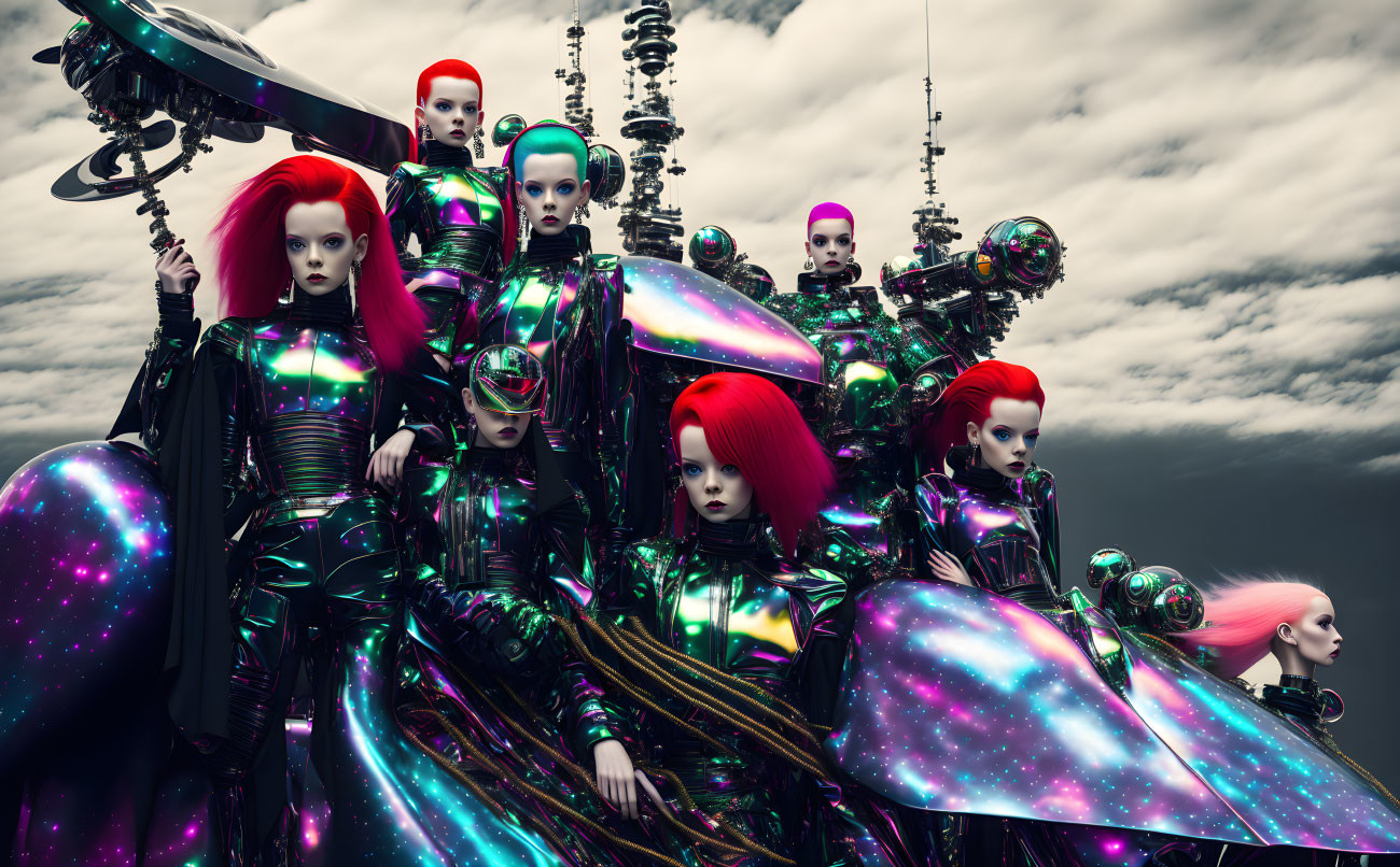 Futuristic Female Androids in Red Hair and Cosmic Outfits against Cloudy Background