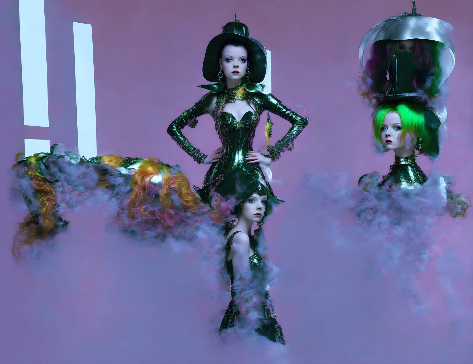 Avant-garde fashion: Three women with exaggerated styles in misty purple setting