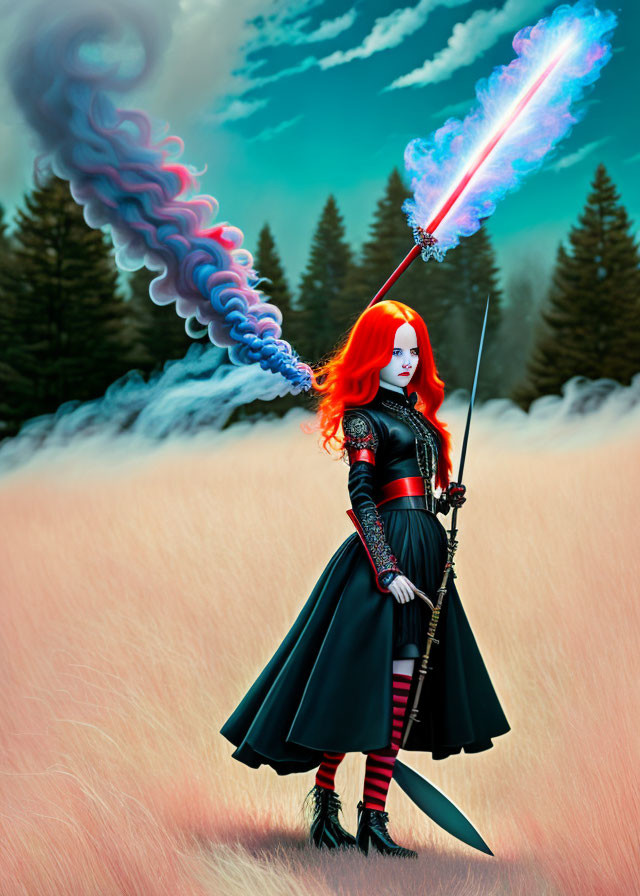 Red-haired woman in black dress wields glowing blue sword in grassy landscape