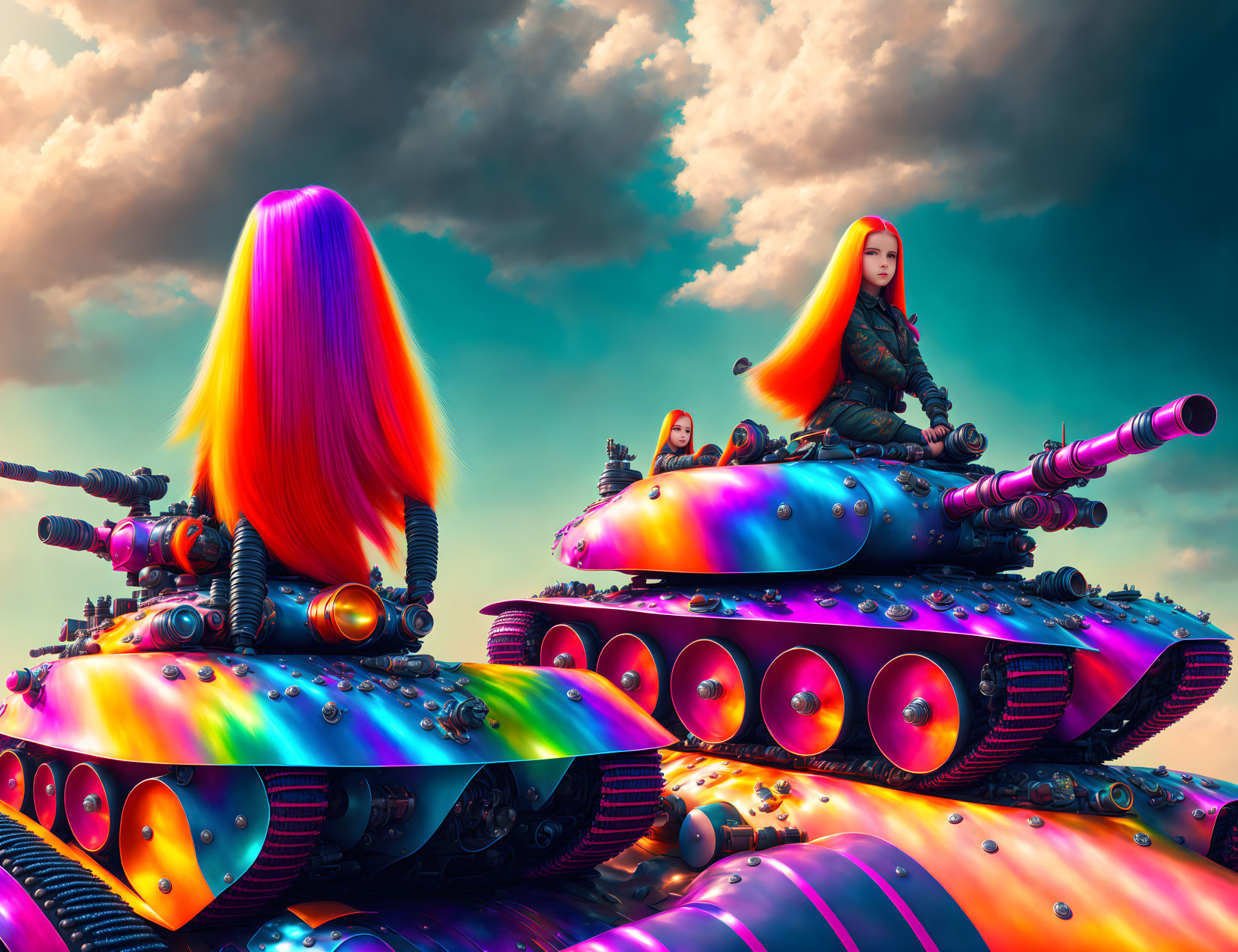 Vibrant, Multicolored Hair Women on Futuristic Tanks under Dramatic Sky