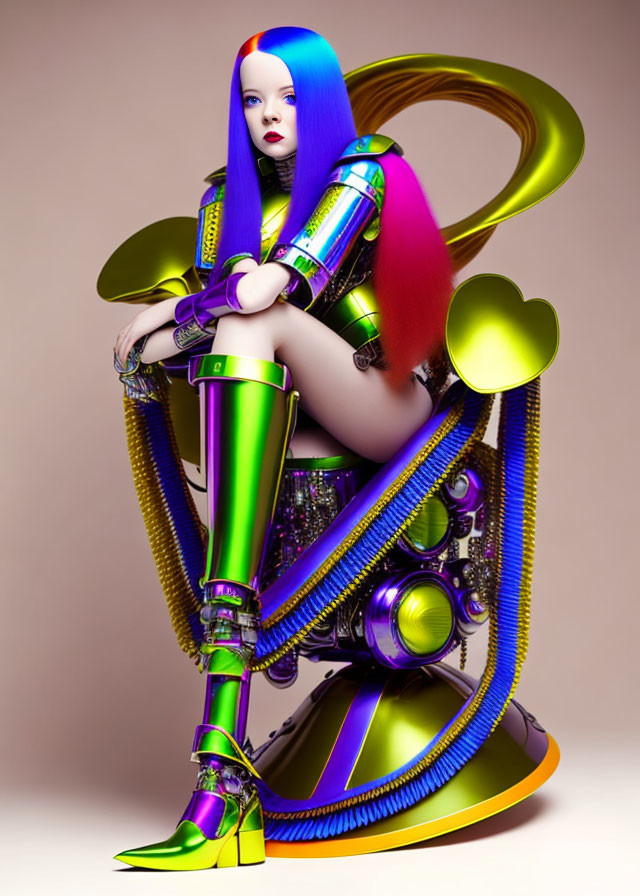 Futuristic female digital artwork with blue and red hair in neon bodysuit