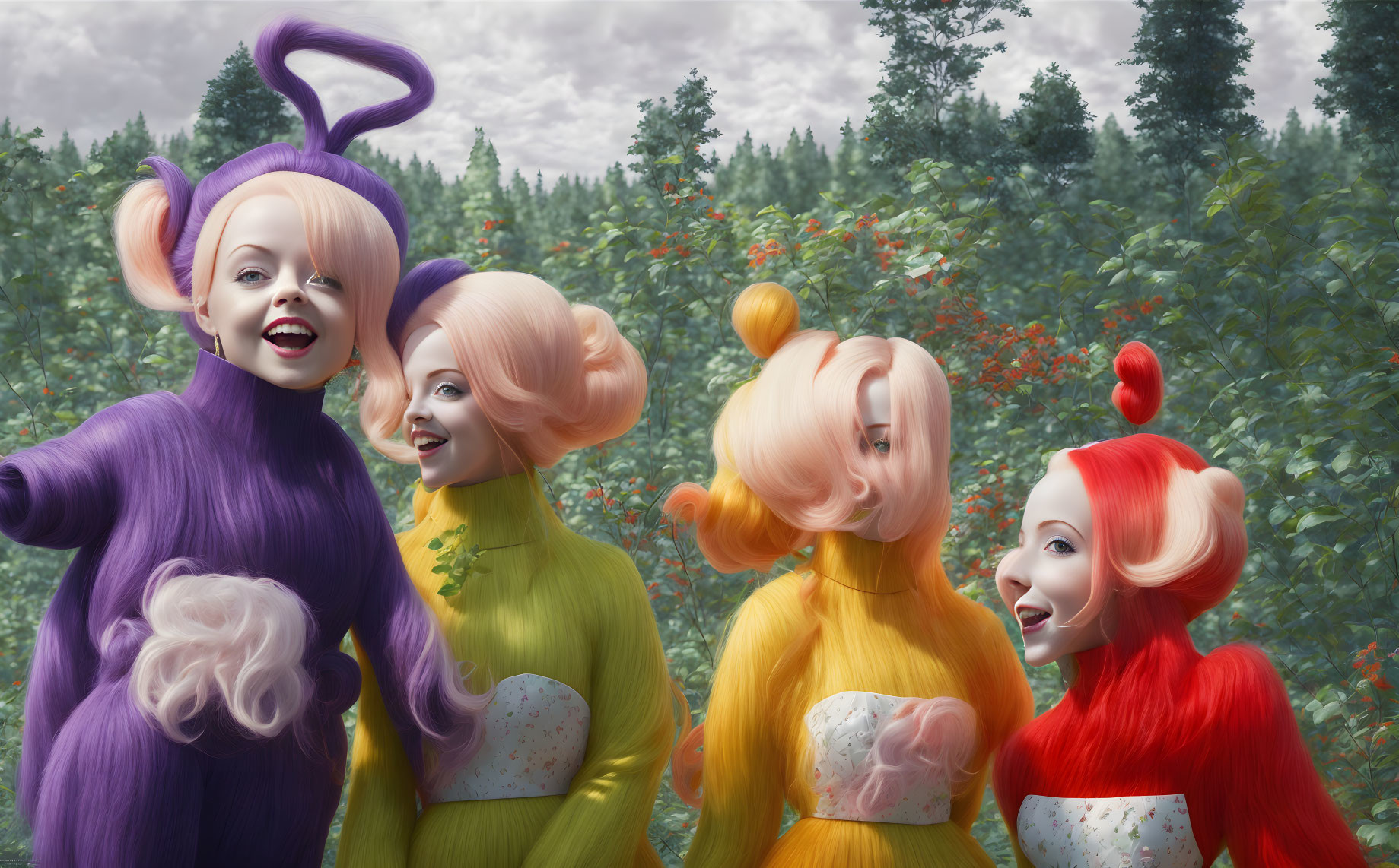 Colorful Characters in Unique Outfits with Whimsical Hairstyles in Forest Setting