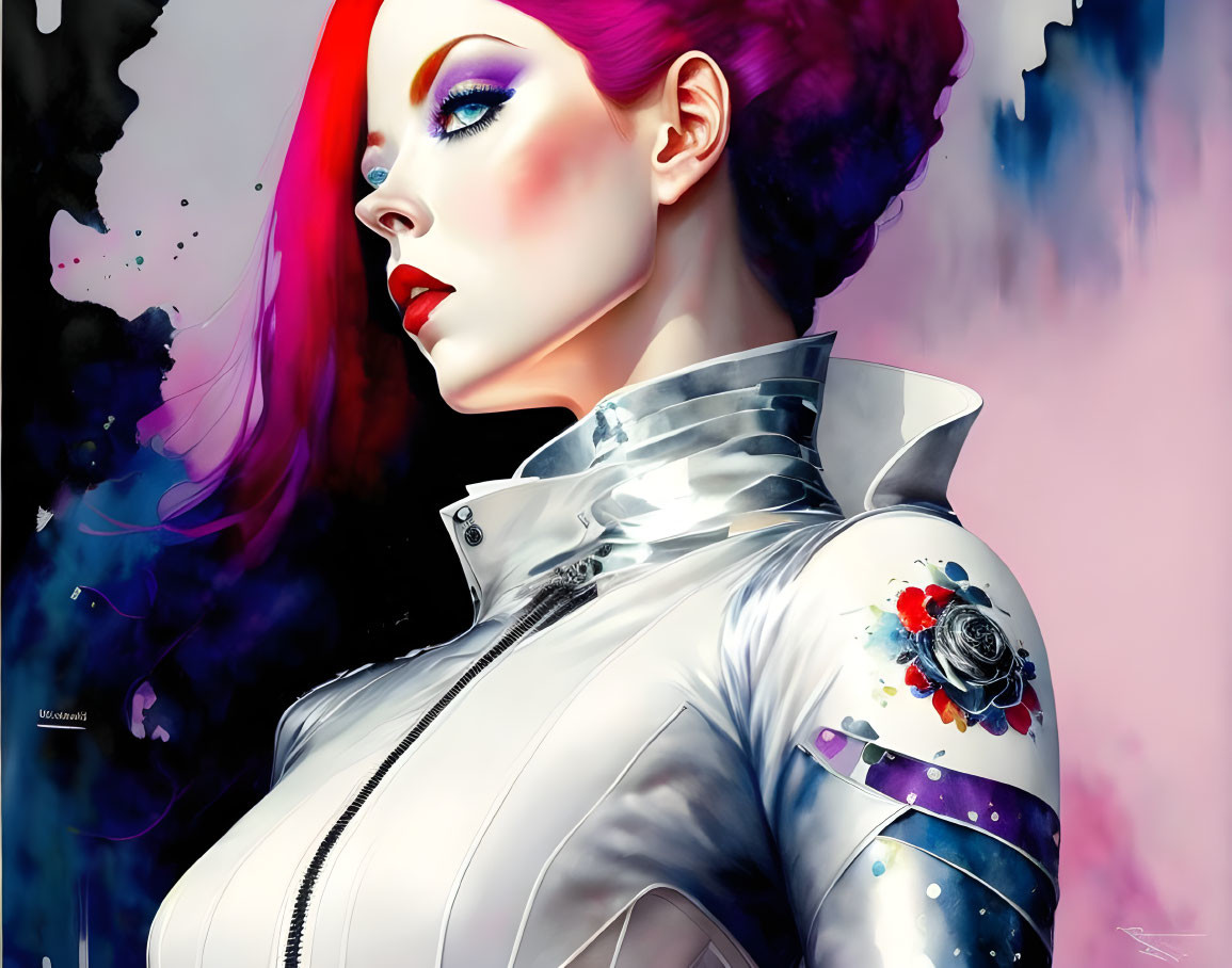 Vibrant Red Hair Woman in Futuristic Silver Outfit