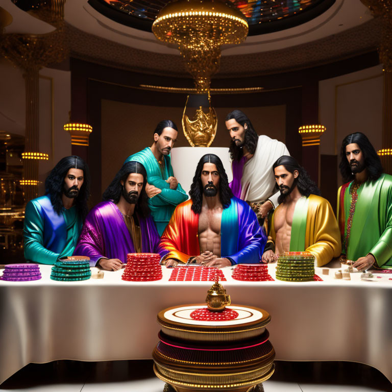 Men in Colorful Satin Robes at Casino Table