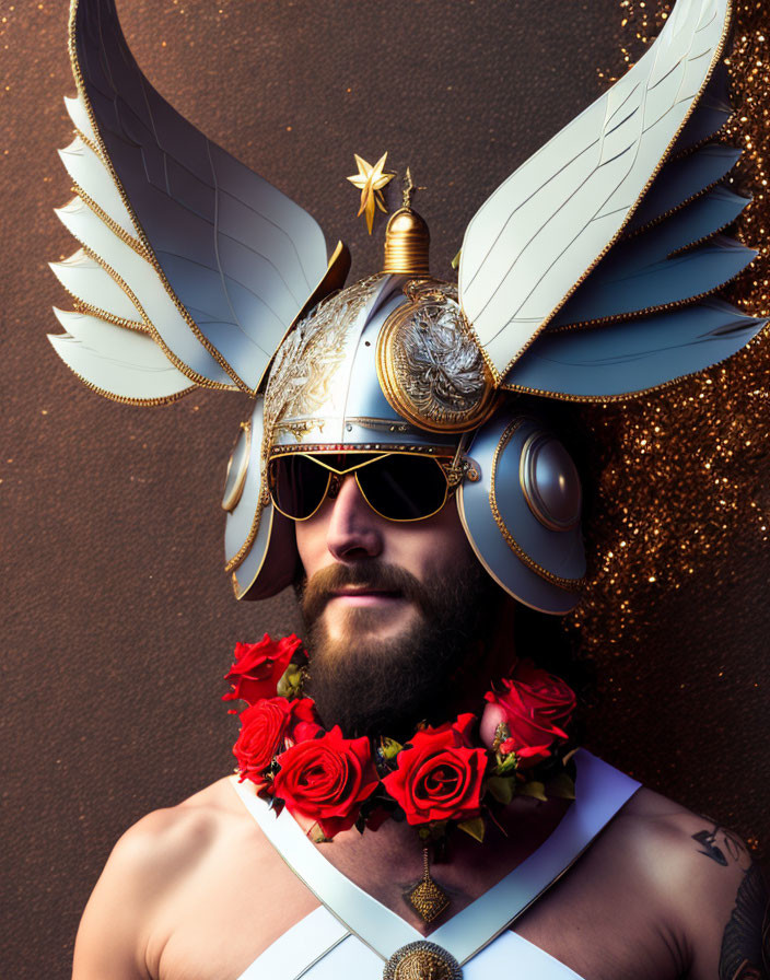 Man in Sunglasses Wearing Ornate Winged Helmet and Rose Necklace