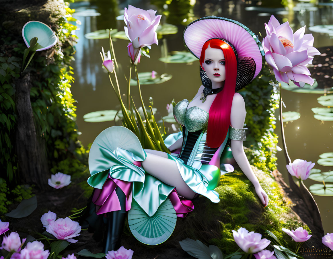 3D-rendered image: Woman with red hair and large hat among lotus flowers by serene pond