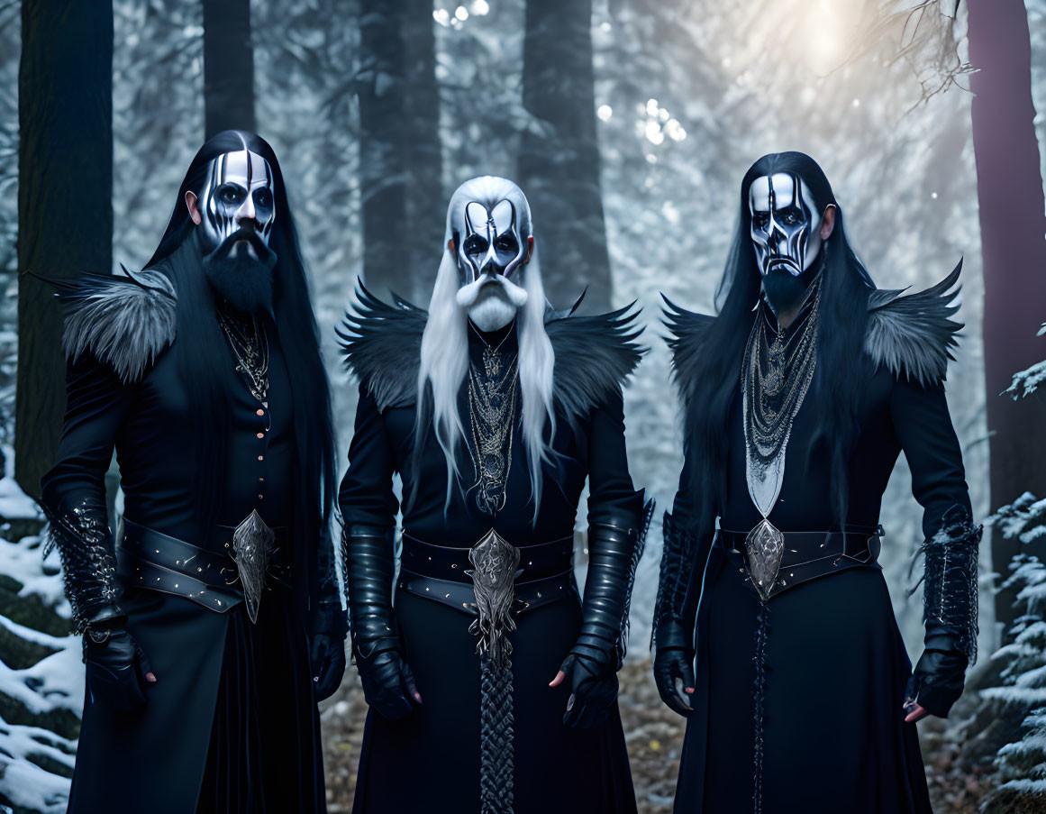 Three skull-faced figures in black costumes in snowy forest