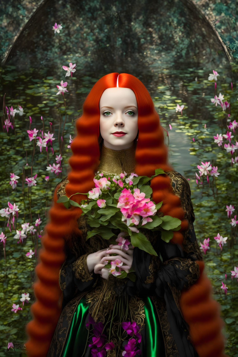Portrait of woman with red hair, pale skin, dark dress, holding pink flowers against floral water background