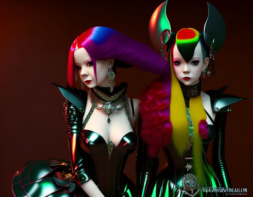 Stylized female figures with colorful hairstyles in gothic costumes