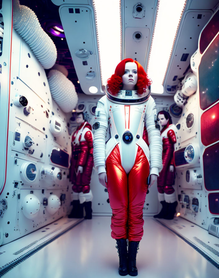 Red-haired person in white and red spacesuit in spacecraft corridor with astronauts