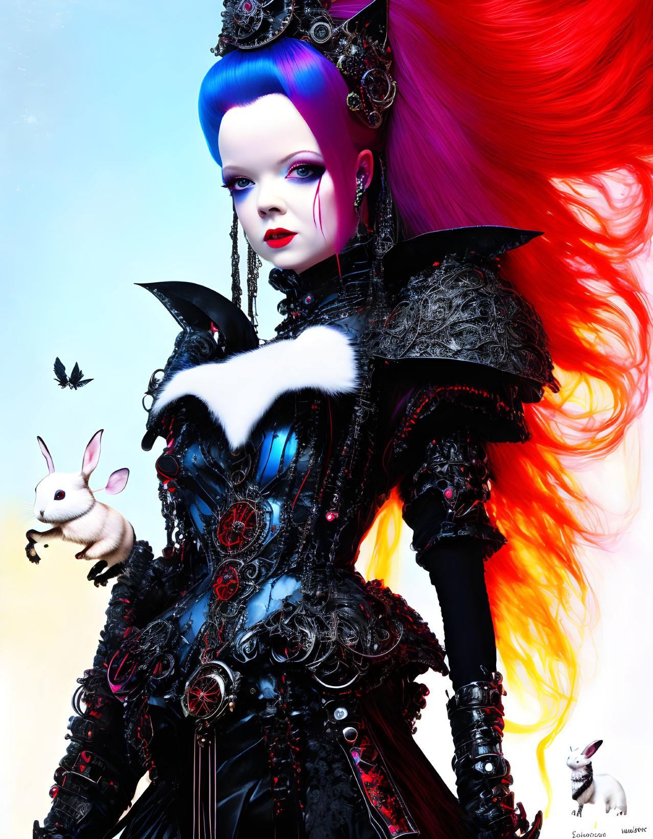 Colorful digital artwork: Woman with blue hair, gothic outfit, holding white rabbit, butterfly present