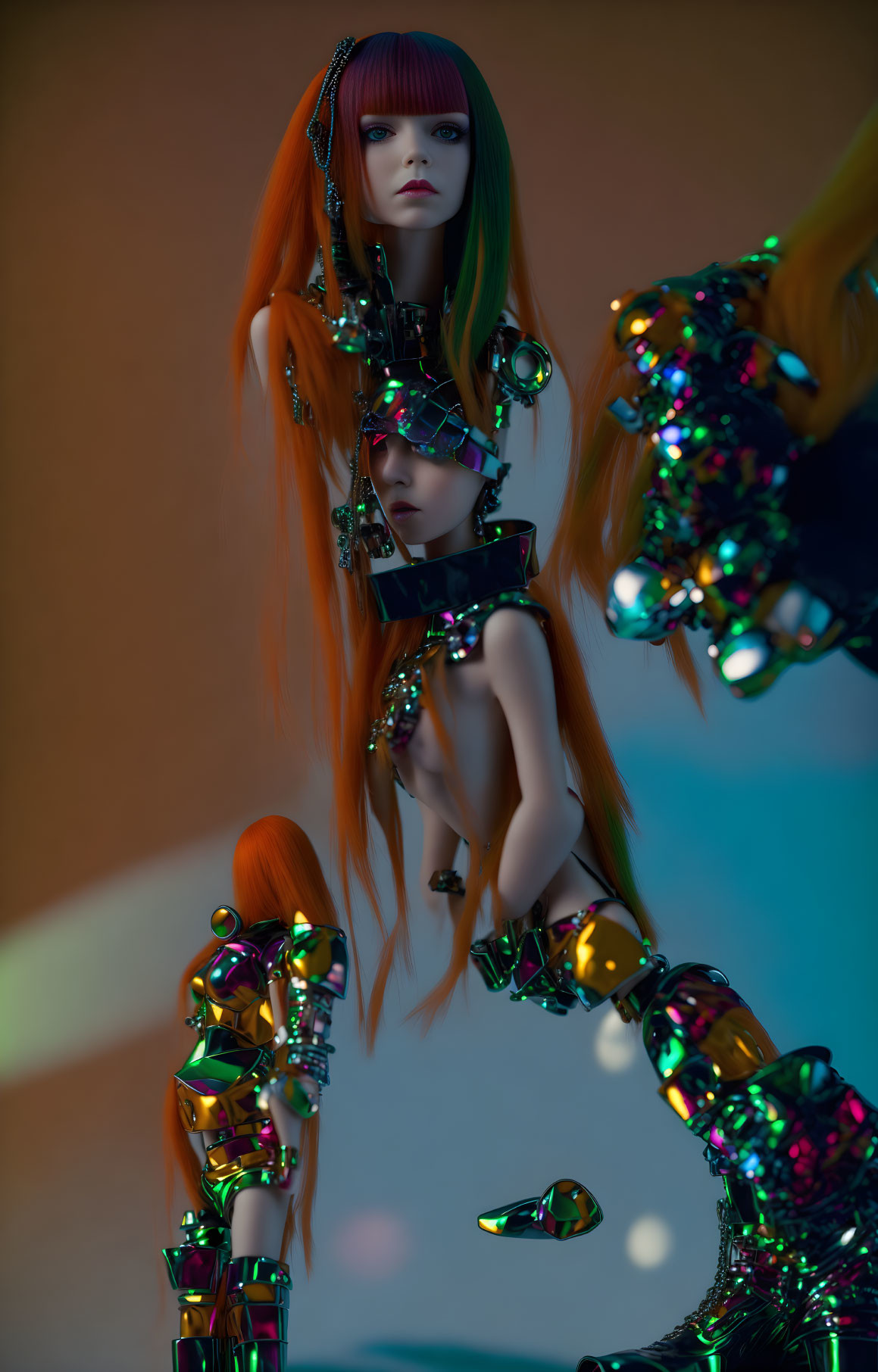 Futuristic metallic mannequins in avant-garde fashion with orange hair