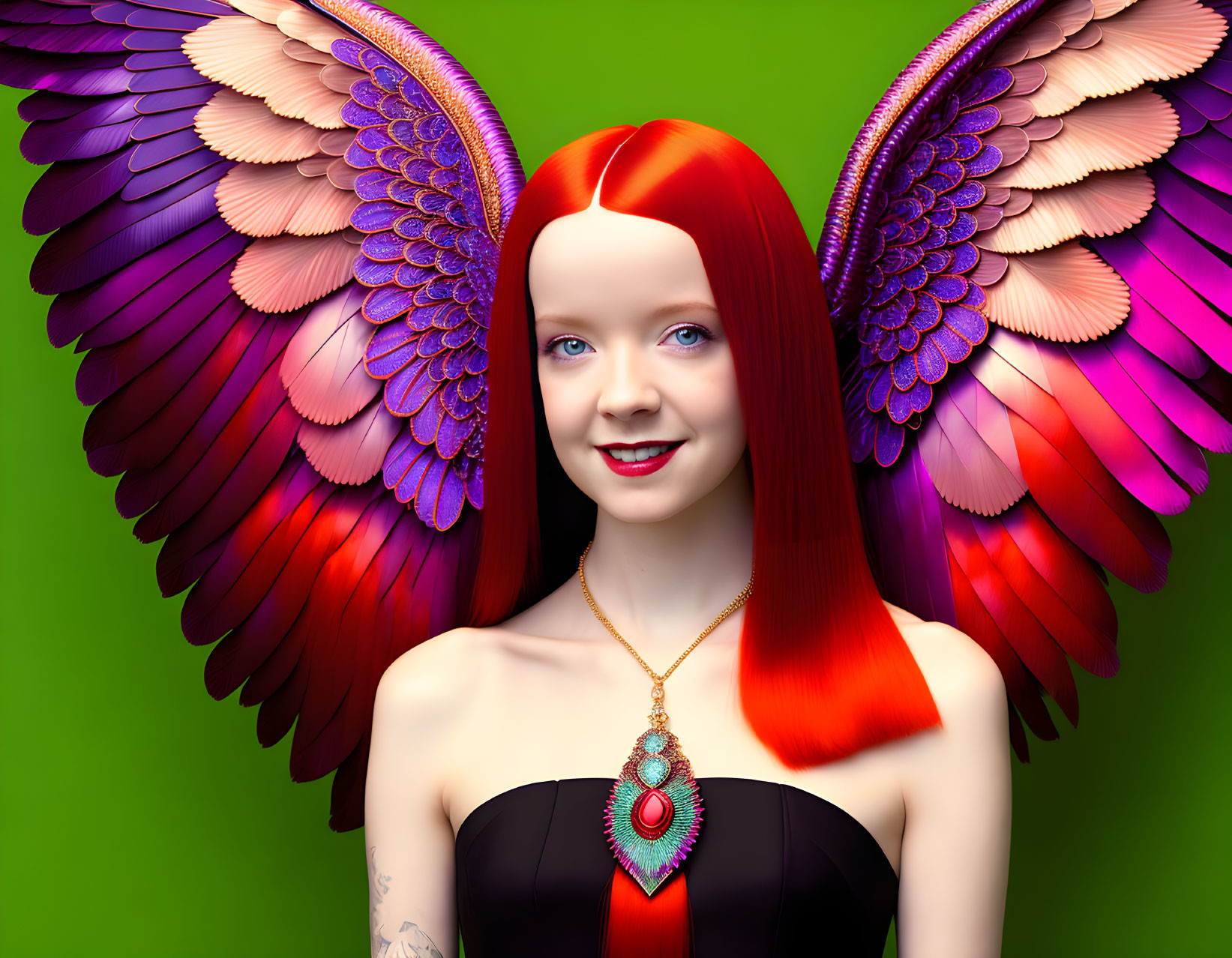 Vibrant red-haired woman with multi-colored wings on green background