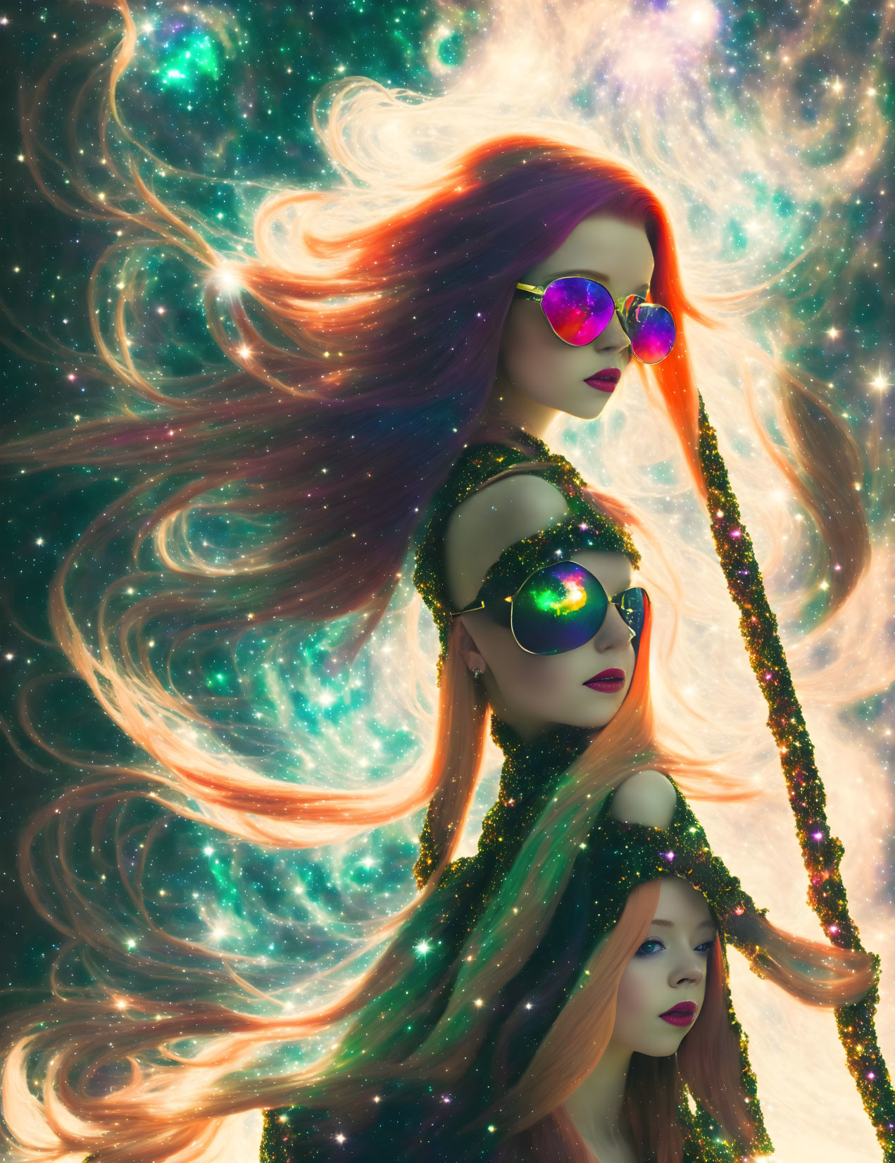 Stylized women with flowing hair and sunglasses in cosmic setting