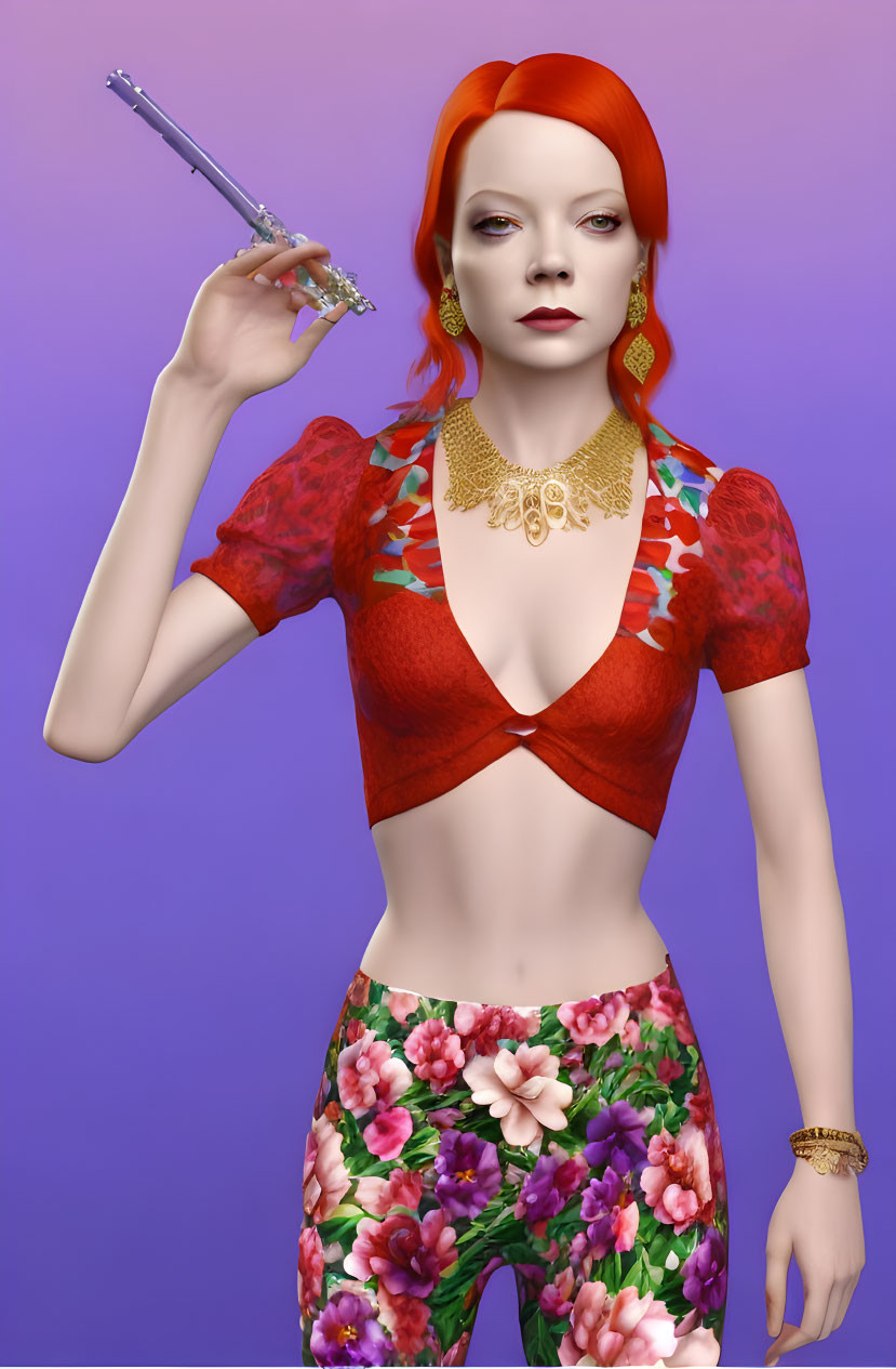 Digital artwork of woman with red hair in crop top and floral pants holding flute on purple background