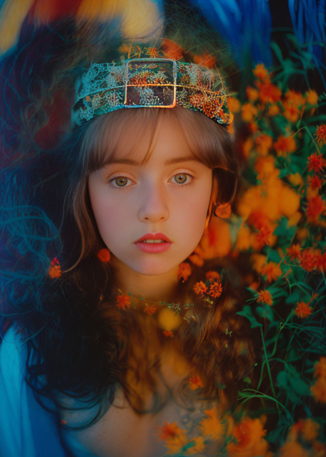 Young woman in jeweled crown and blue dress among vibrant orange flowers.