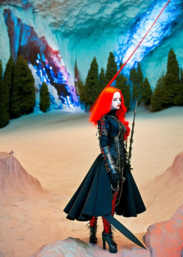 Vibrant red-haired person in gothic attire with staff in fantastical landscape