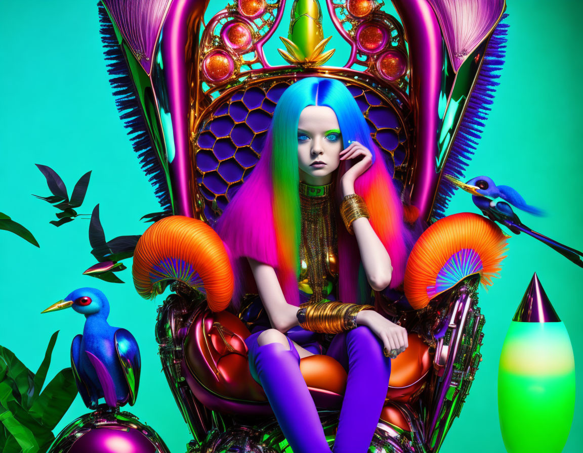Vibrant surreal artwork: humanoid figure with blue hair on throne amid exotic birds and flora on teal