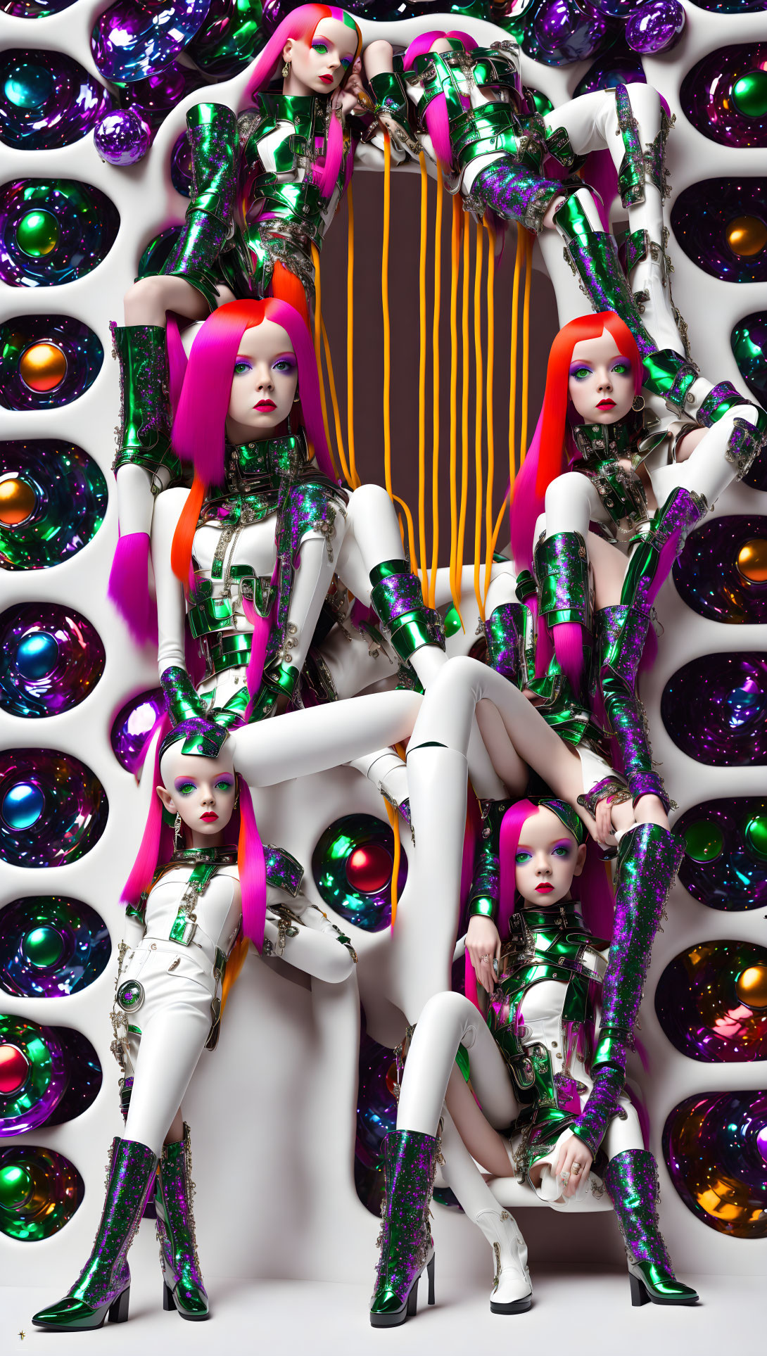 Four Female Models in Pink Hair & Futuristic Outfits with Reflective Orbs
