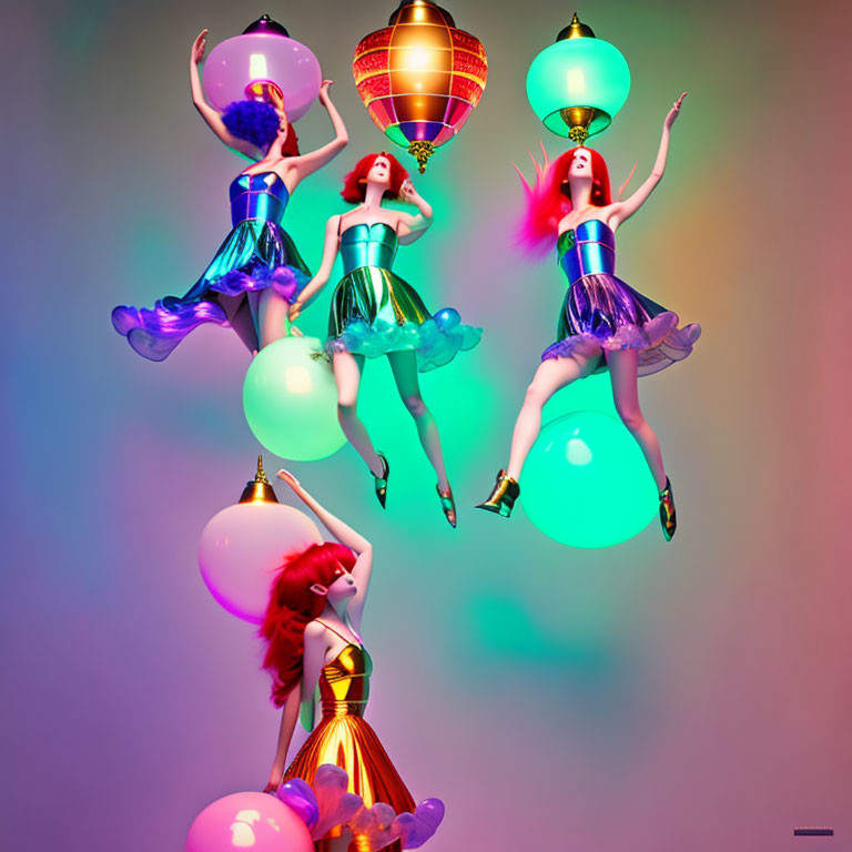 Colorful Outfits: 4 Animated Characters on Glowing Balloons
