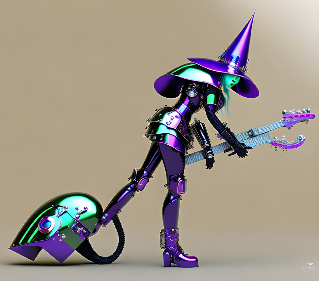 Futuristic robotic witch with broom and guitar in purple and green palette