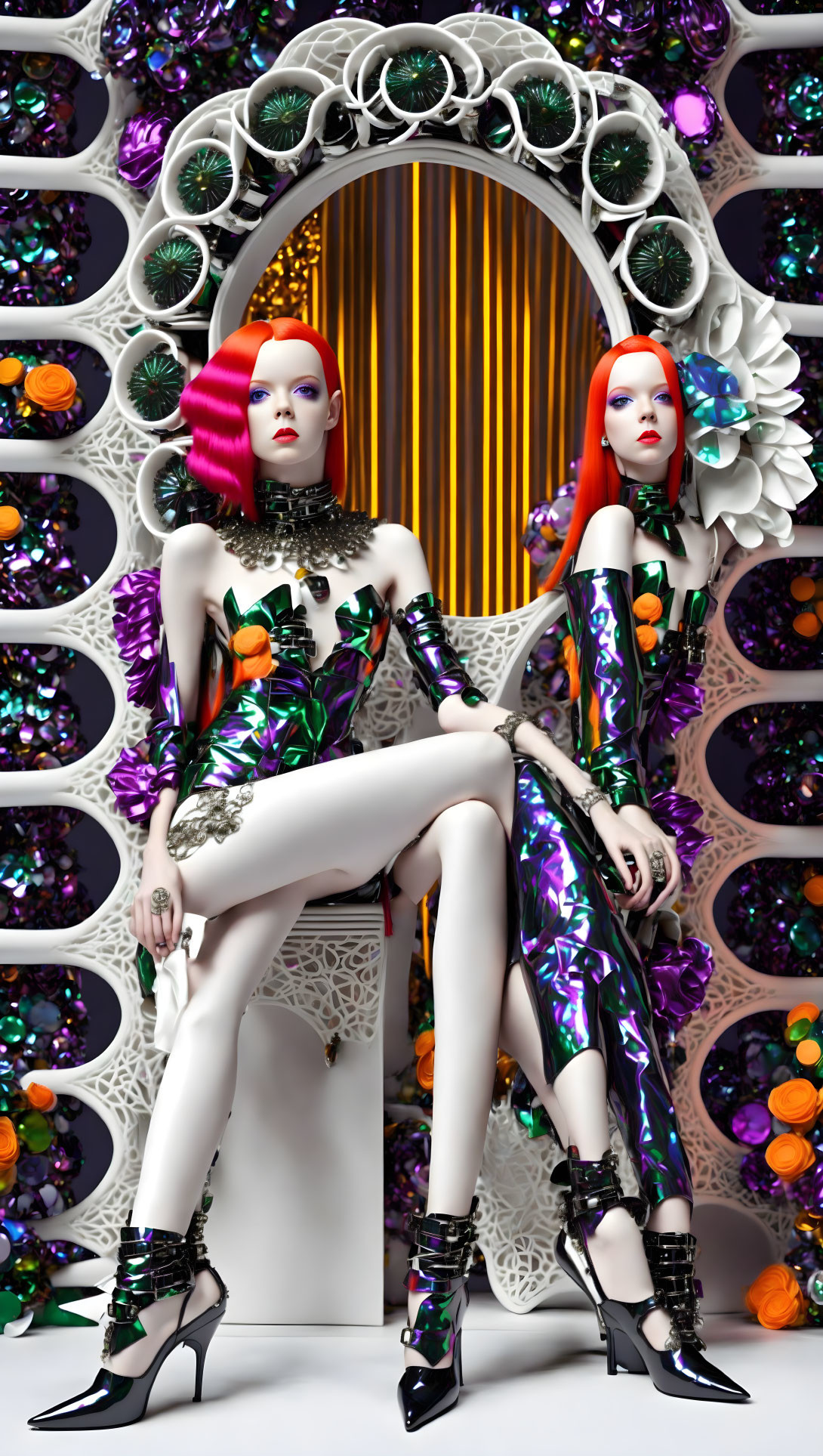 Colorful Striped Hair Mannequins in Futuristic Fashion Outfits