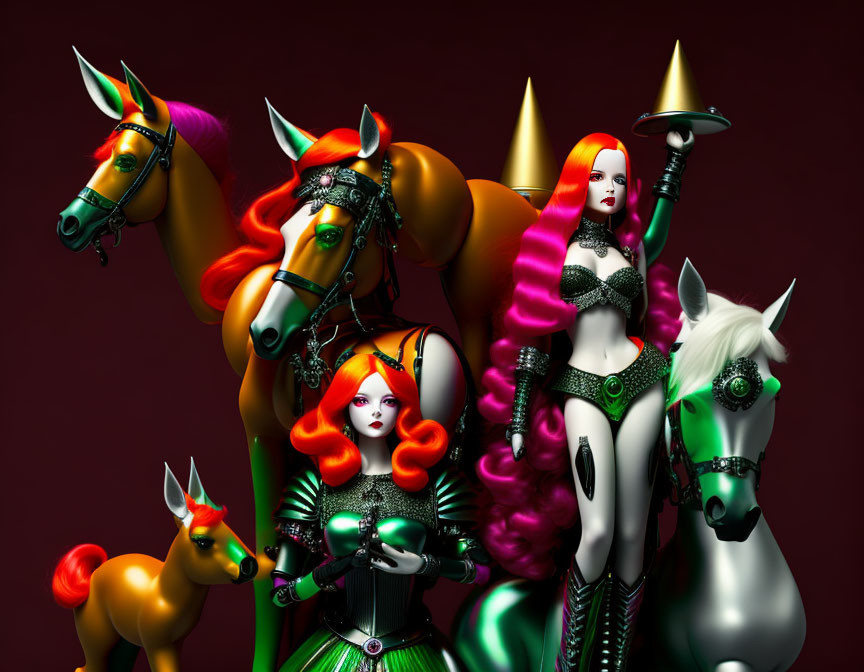 Colorful 3D illustration: Stylized female figures with vibrant hair and costumes, whimsical
