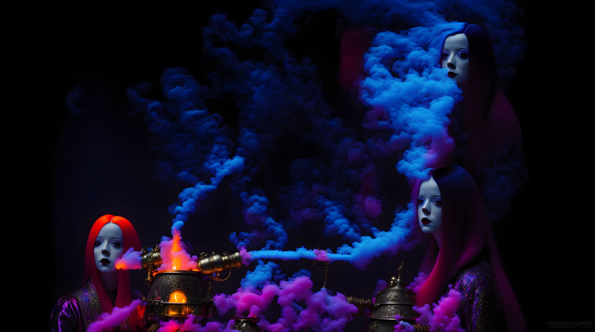 Colorful Smoke Swirling Around Mannequin Heads on Dark Background