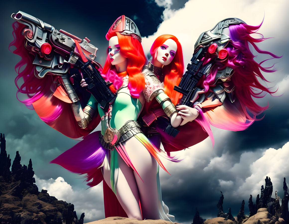 Vibrant red-haired female warrior with ornate guns against dramatic landscape